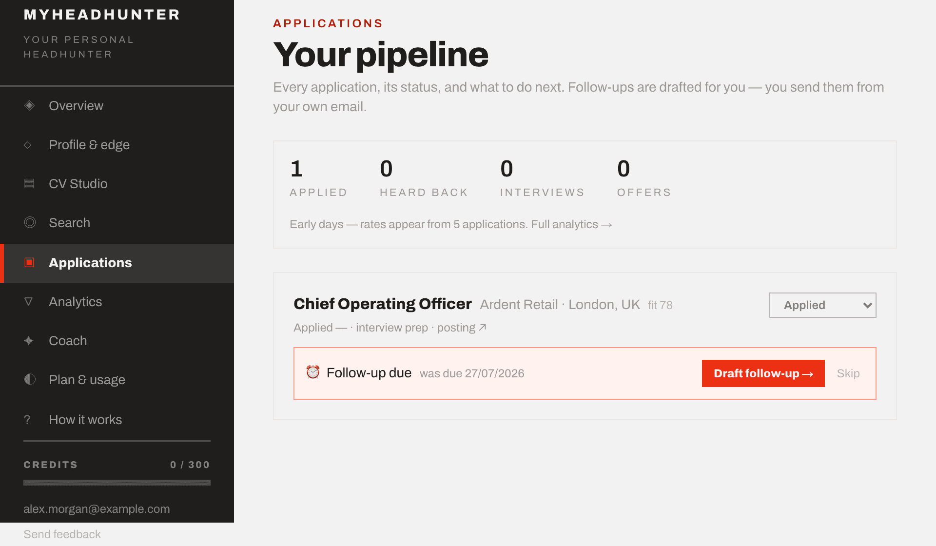 The applications pipeline showing applied, heard back, interviews and offers, with the next follow-up scheduled.